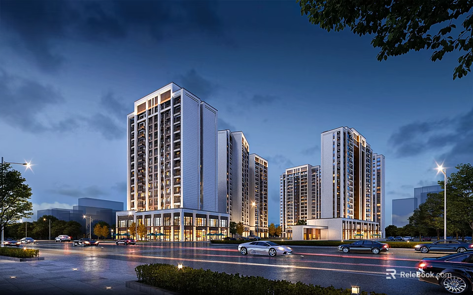 Vibrant Commercial Street Night View With Illuminated Tall Buildings And Moving Cars On Road 3d model 