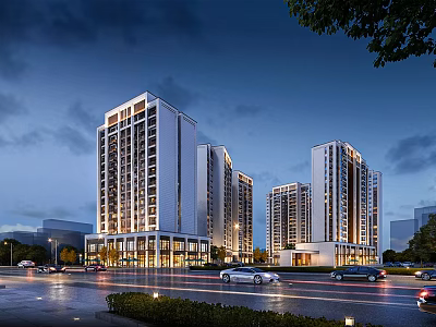 Vibrant Commercial Street Night View With Illuminated Tall Buildings And Moving Cars On Road 3d model