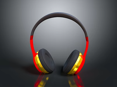 Stylish Over Ear Headphones Featuring Black Headband Red And Yellow Reflective Earcups 3d model