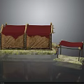 Traditional Architecture Model With Red Roof Brown Walls Bamboo Green Mossy Base And Small Pavilion