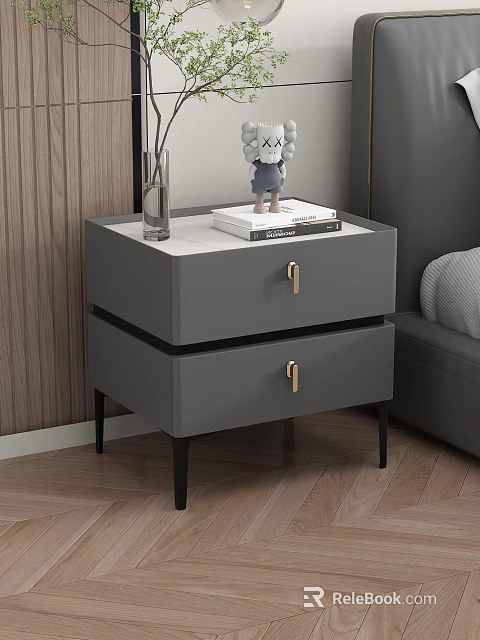 Gray Two Drawer Nightstand with Gold Handles Books and Clear Vase on Wooden Floor 3d model 