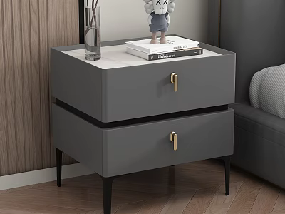 Gray Two Drawer Nightstand with Gold Handles Books and Clear Vase on Wooden Floor 3d model