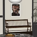 Wooden Bench In Indoor Living Space With Wall Painting And Green Plant