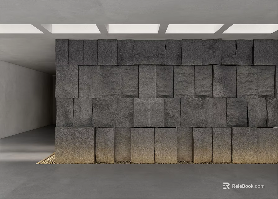 Modern Sofa Background Wall With Gray Stone Blocks And Ceiling Lighting 3d model