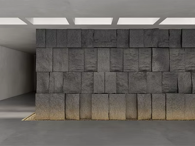Modern Sofa Background Wall With Gray Stone Blocks And Ceiling Lighting 3d model
