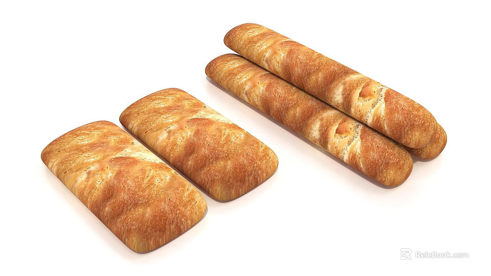 Freshly Baked Bread Including Long Baguette And Square Loaves With Golden Crusty Surface 3d model 