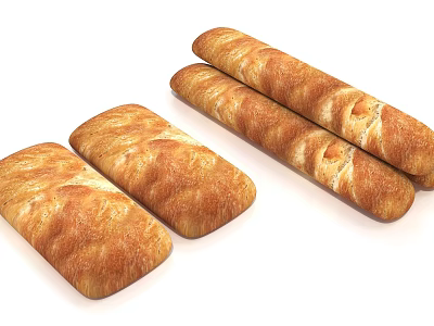 Freshly Baked Bread Including Long Baguette And Square Loaves With Golden Crusty Surface 3d model