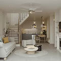 Modern Living And Dining Room Interior With Sofa Armchair Coffee Table Open Kitchen And Fireplace