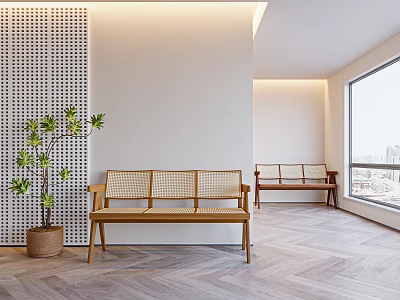 Modern Wooden Woven Lounge Chair in Bright Room with Large Window Plant and Herringbone Floor 3d model