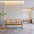 Modern Wooden Woven Lounge Chair in Bright Room with Large Window Plant and Herringbone Floor