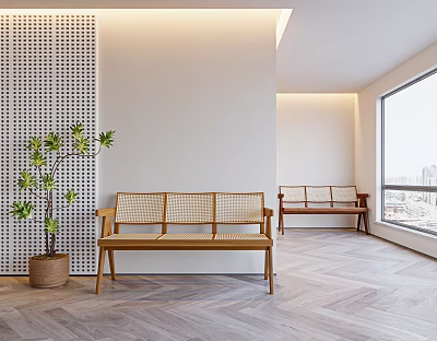Modern Wooden Woven Lounge Chair in Bright Room with Large Window Plant and Herringbone Floor 3d model