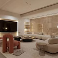 Modern Living Room Interior Design With Beige Curved Sofa TV Wall Shelves And Orange Chairs