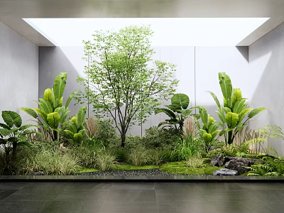 Lush Indoor Landscape With Tall Tree Large Leaf Plants Moss Stones And Skylight 3d model