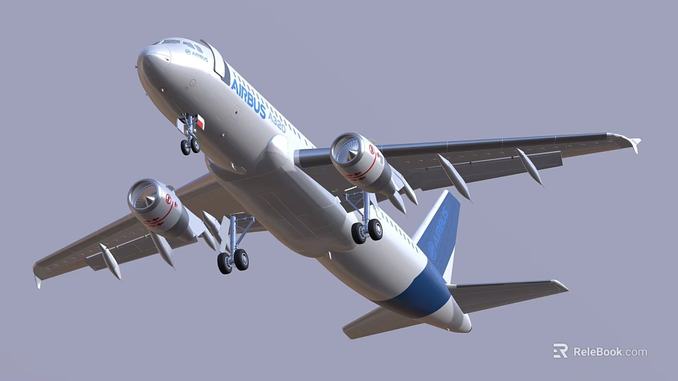 Airbus Commercial Aircraft In Flight With Extended Landing Gear And Blue Tail Fin 3d model 