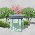 Modern Glass Kiosk Surrounded by Green Trees and Pink Flowering Bushes