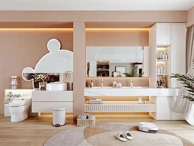 Modern Bathroom Vanity with Large Mirror Double Sink Cabinets and Ambient Lighting Organized Layout 3d model