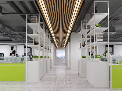 Modern Office Desk Cubicles in Open Workspace with Green White Shelves Plants and Ceiling Lighting 3d model