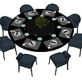 Round Dining Table with Blue Chairs Table Mats Green Plant and Tableware 3d model