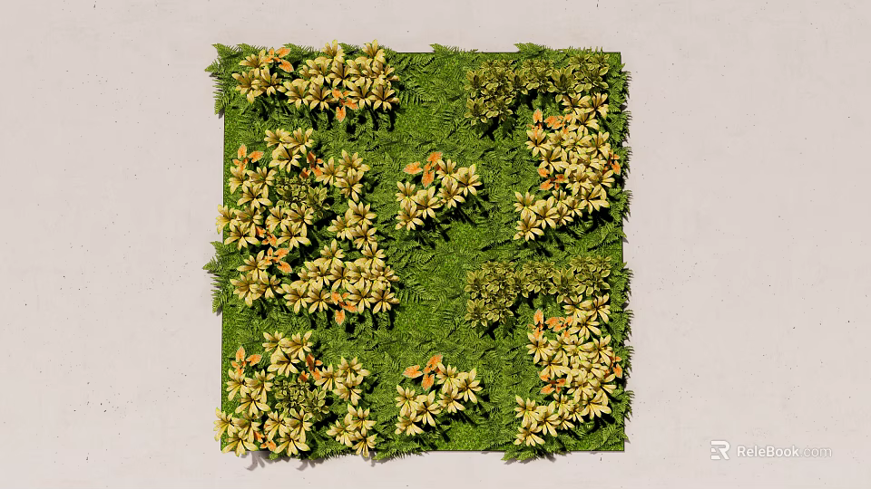 Square Decorative Green Moss Panel With Yellow Flower Clusters 3d model