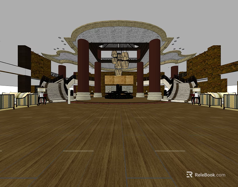 Grand Hotel Lobby Interior With Ornate Ceiling Red Columns And Wooden Floors 3d model 
