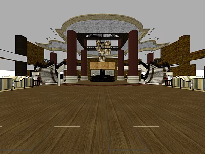 Grand Hotel Lobby Interior With Ornate Ceiling Red Columns And Wooden Floors 3d model