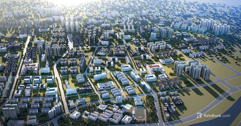 Aerial Planning of Urban City Layout With Residential Buildings Green Spaces And Road Networks 3d model 