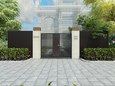Black Metal Entrance Gate With White Pillars Slatted Fence Green Plants And Paved Courtyard 3d model