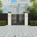 Black Metal Entrance Gate With White Pillars Slatted Fence Green Plants And Paved Courtyard