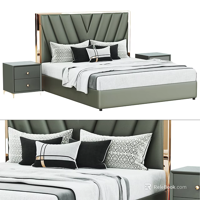 Luxury Green Upholstered Double Bed With Tufted Headboard Gold Accents And Black White Pillows 3d model 