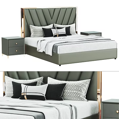 Luxury Green Upholstered Double Bed With Tufted Headboard Gold Accents And Black White Pillows 3d model