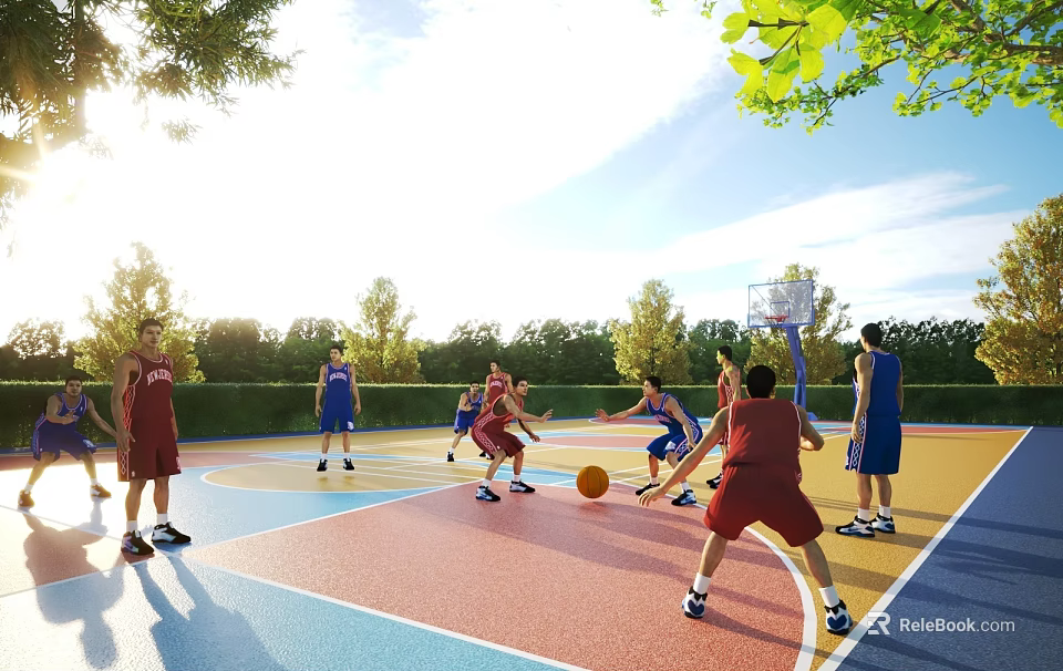 Outdoor Basketball Court With Players Competing Under Sunshine 3d model 