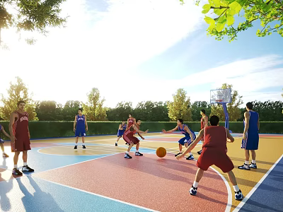 Outdoor Basketball Court With Players Competing Under Sunshine 3d model