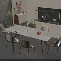 Modern Minimalist Dining Table and Chairs with Vase Fruit Plate Plant in Open Kitchen