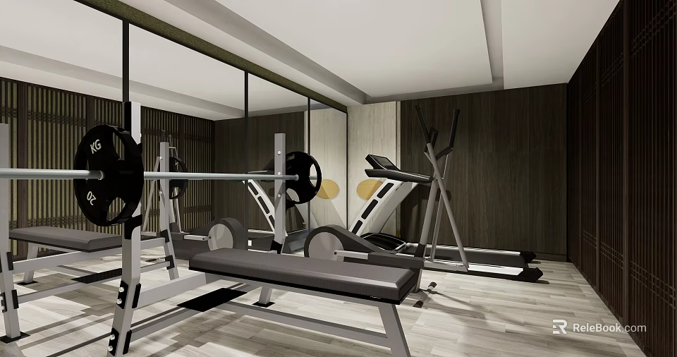 Contemporary Recreation Room With Barbell Treadmill Bench Wooden Walls Mirrors And Light Wooden Floor 3d model 