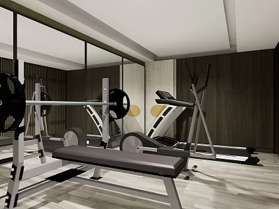 Contemporary Recreation Room With Barbell Treadmill Bench Wooden Walls Mirrors And Light Wooden Floor 3d model