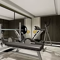 Contemporary Recreation Room With Barbell Treadmill Bench Wooden Walls Mirrors And Light Wooden Floor