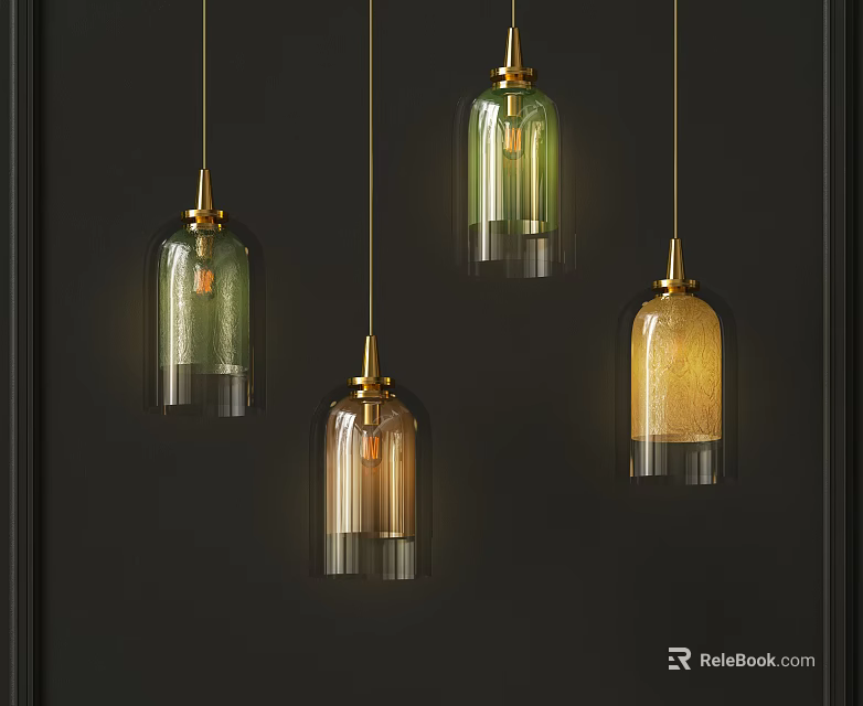Stylish Colorful Glass Pendant Lights With Gold Accents Hanging On Dark Background 3d model 