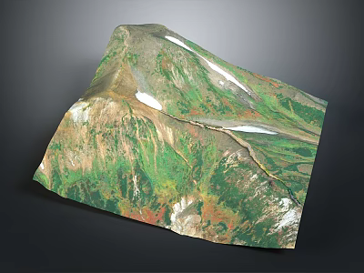3D Mountainous Terrain Model With Green Vegetation Snow Patches And Winding Valleys 3d model