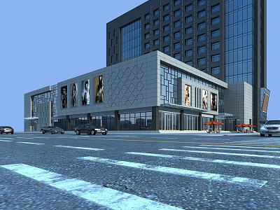 Modern Commercial Complex With Glass Curtain Walls Storefronts Street View And Parking Area 3d model
