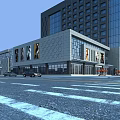 Modern Commercial Complex With Glass Curtain Walls Storefronts Street View And Parking Area
