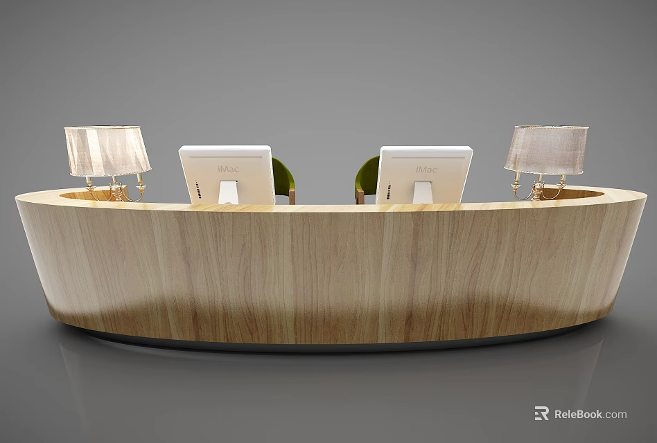 Curved Wooden Reception Desk With Computer Monitors Table Lamps And Green Chairs 3d model 