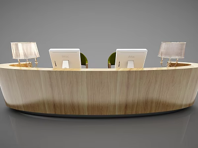 Curved Wooden Reception Desk With Computer Monitors Table Lamps And Green Chairs 3d model