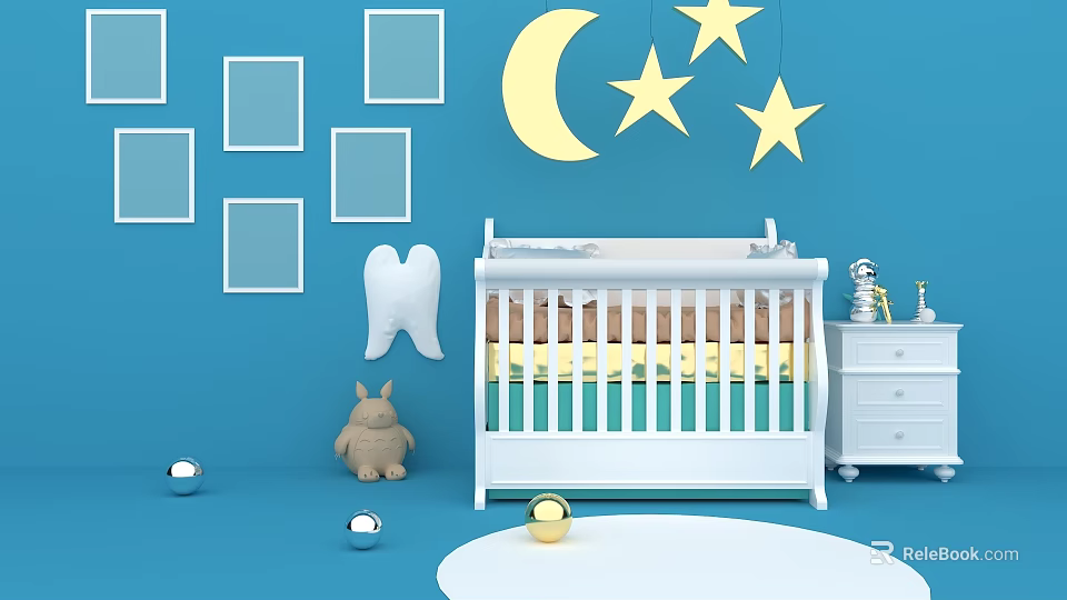 Blue Baby Nursery Room With Moon Stars Decor Crib And Toys 3d model 