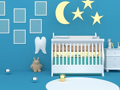 Blue Baby Nursery Room With Moon Stars Decor Crib And Toys 3d model