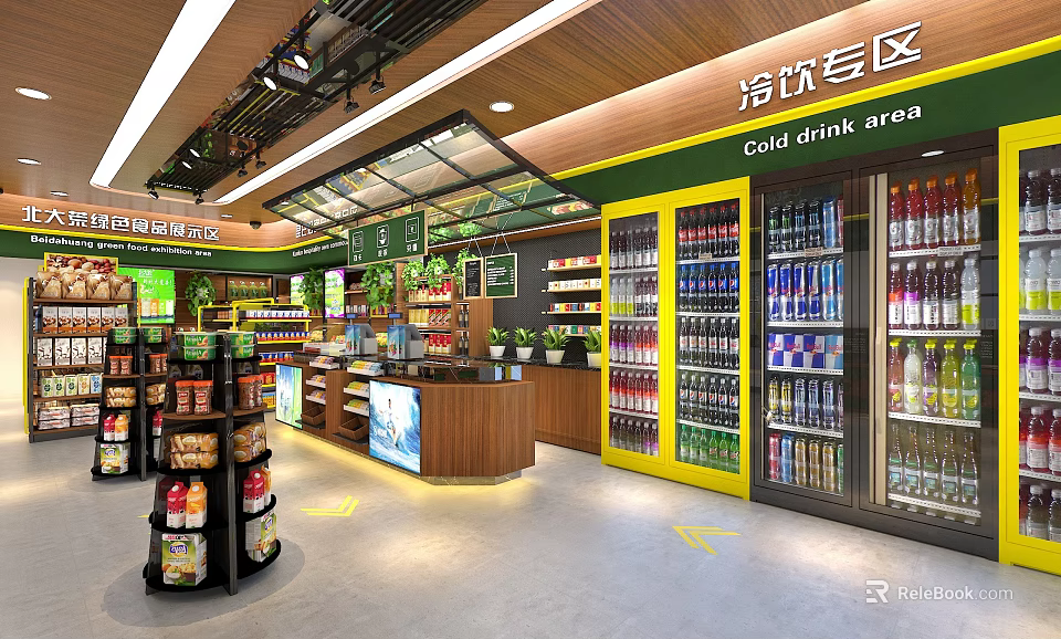 Cold Drink Specialty Store With Refrigerated Coolers Shelves And Various Beverage Products 3d model 
