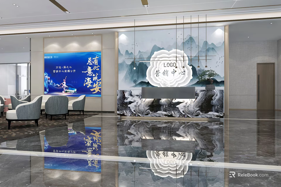 Modern Sales Office Interior With Reception Desk Mountain Landscape Painting Marble Floor And Chandeliers 3d model 