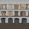 Various Wooden Stools With Different Designs And Tones Displayed On Wall Shelves