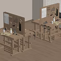 Wooden Workbenches With Tools Blueprints And Items In Room With Wooden Floor And Window Blinds