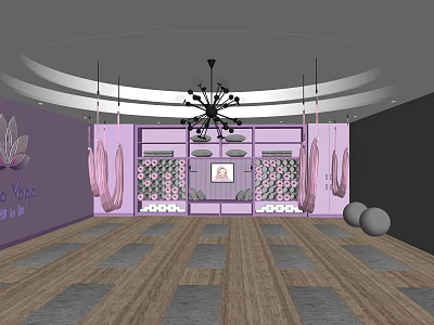 Yoga Studio Interior With Wooden Floors Yoga Mats Hanging Straps Chandelier And Decorative Plants 3d model