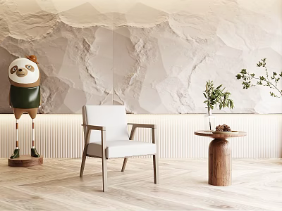 Modern White Leisure Chair With Wooden Armrests On Wooden Floor Beige Textured Wall 3d model